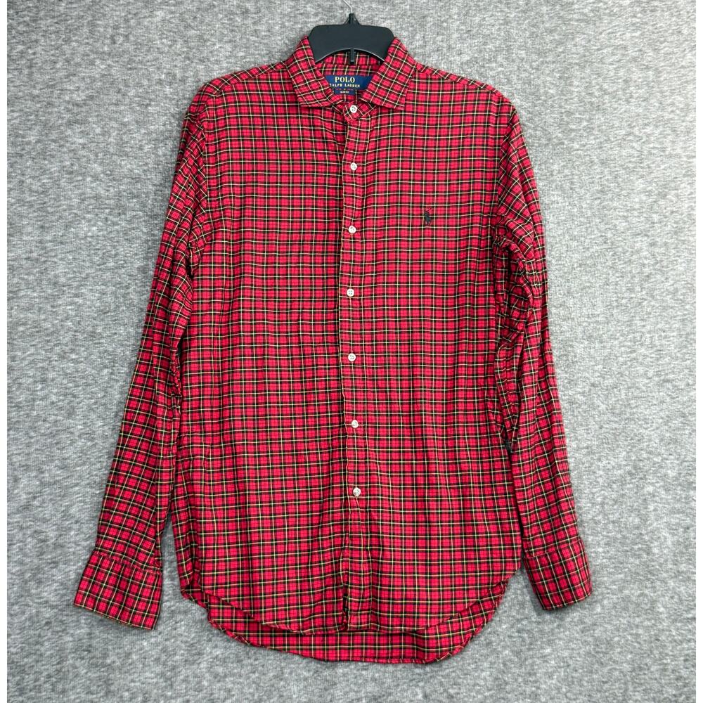 Ralph Lauren Shirt Men Medium Red Plaid Slim Fit Long Sleeve